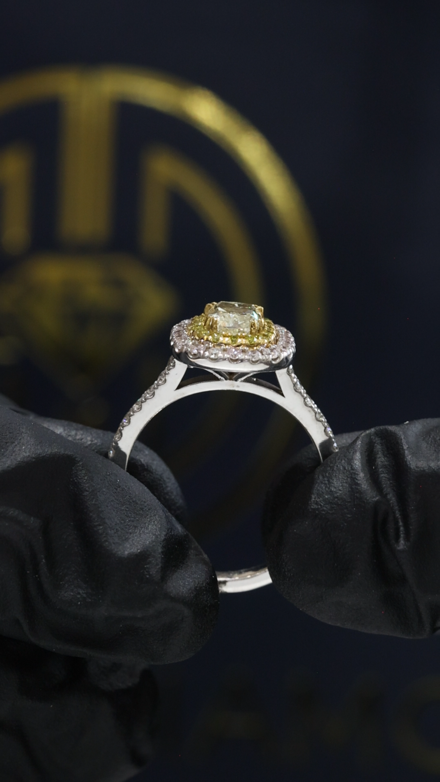 GIA Certified Natural Diamond Double Halo Engagement Ring with Yellow Diamond Accent in White Gold | Luxury Cushion Halo Design