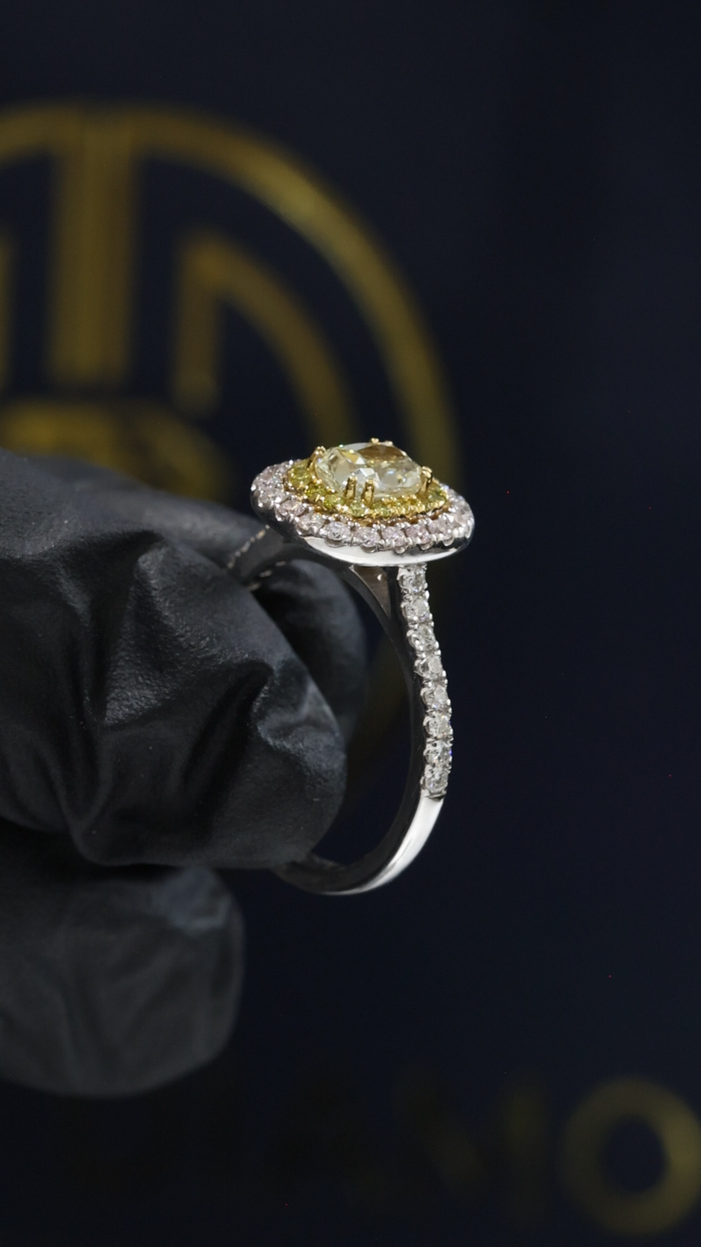 GIA Certified Natural Diamond Double Halo Engagement Ring with Yellow Diamond Accent in White Gold | Luxury Cushion Halo Design