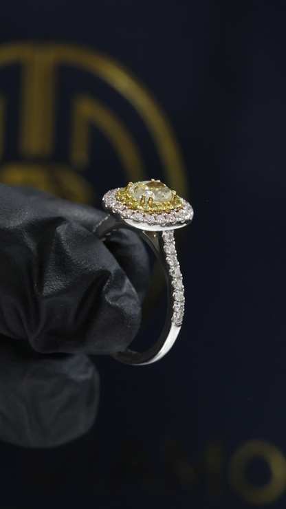 GIA Certified Natural Diamond Double Halo Engagement Ring with Yellow Diamond Accent in White Gold | Luxury Cushion Halo Design