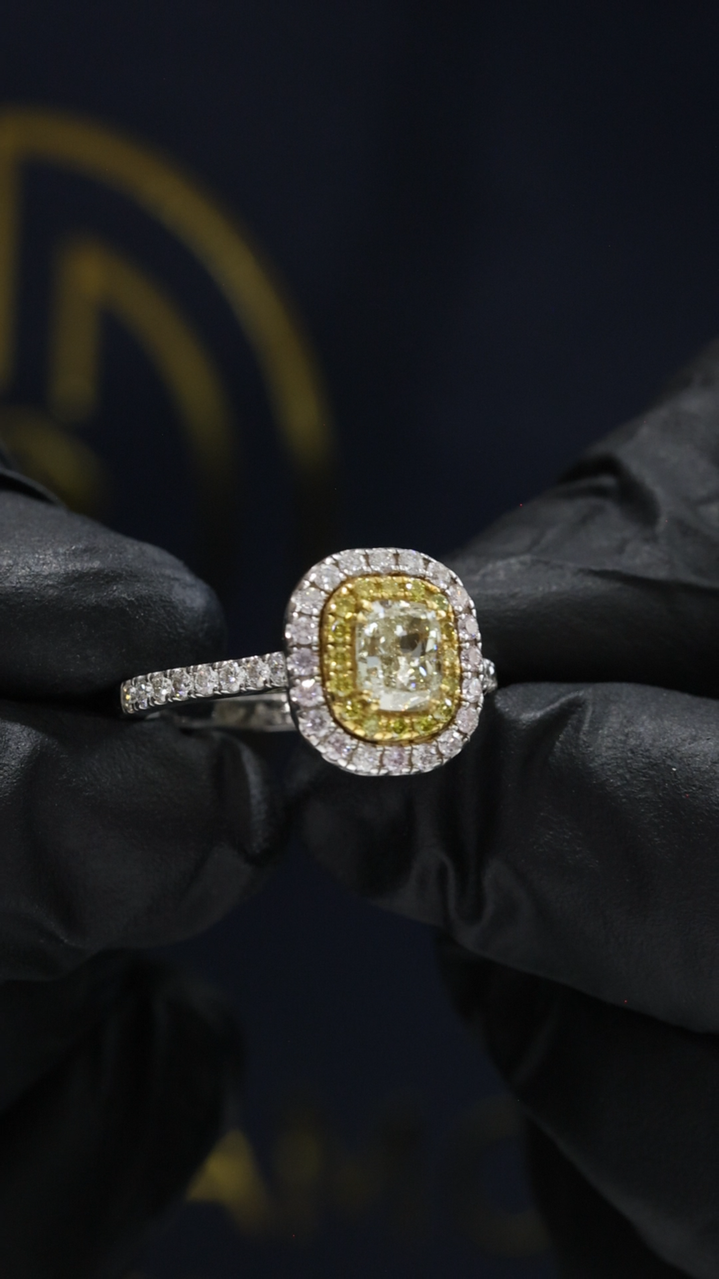 GIA Certified Natural Diamond Double Halo Engagement Ring with Yellow Diamond Accent in White Gold | Luxury Cushion Halo Design