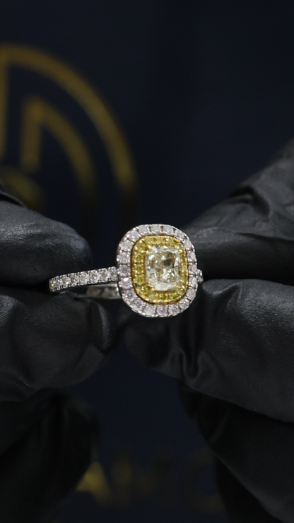 GIA Certified Natural Diamond Double Halo Engagement Ring with Yellow Diamond Accent in White Gold | Luxury Cushion Halo Design