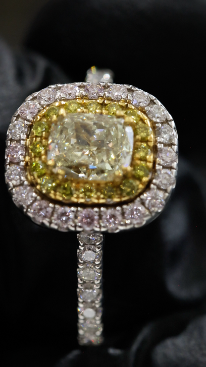 GIA Certified Natural Diamond Double Halo Engagement Ring with Yellow Diamond Accent in White Gold | Luxury Cushion Halo Design