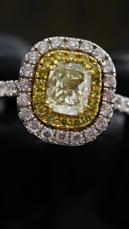 GIA Certified Natural Diamond Double Halo Engagement Ring with Yellow Diamond Accent in White Gold | Luxury Cushion Halo Design
