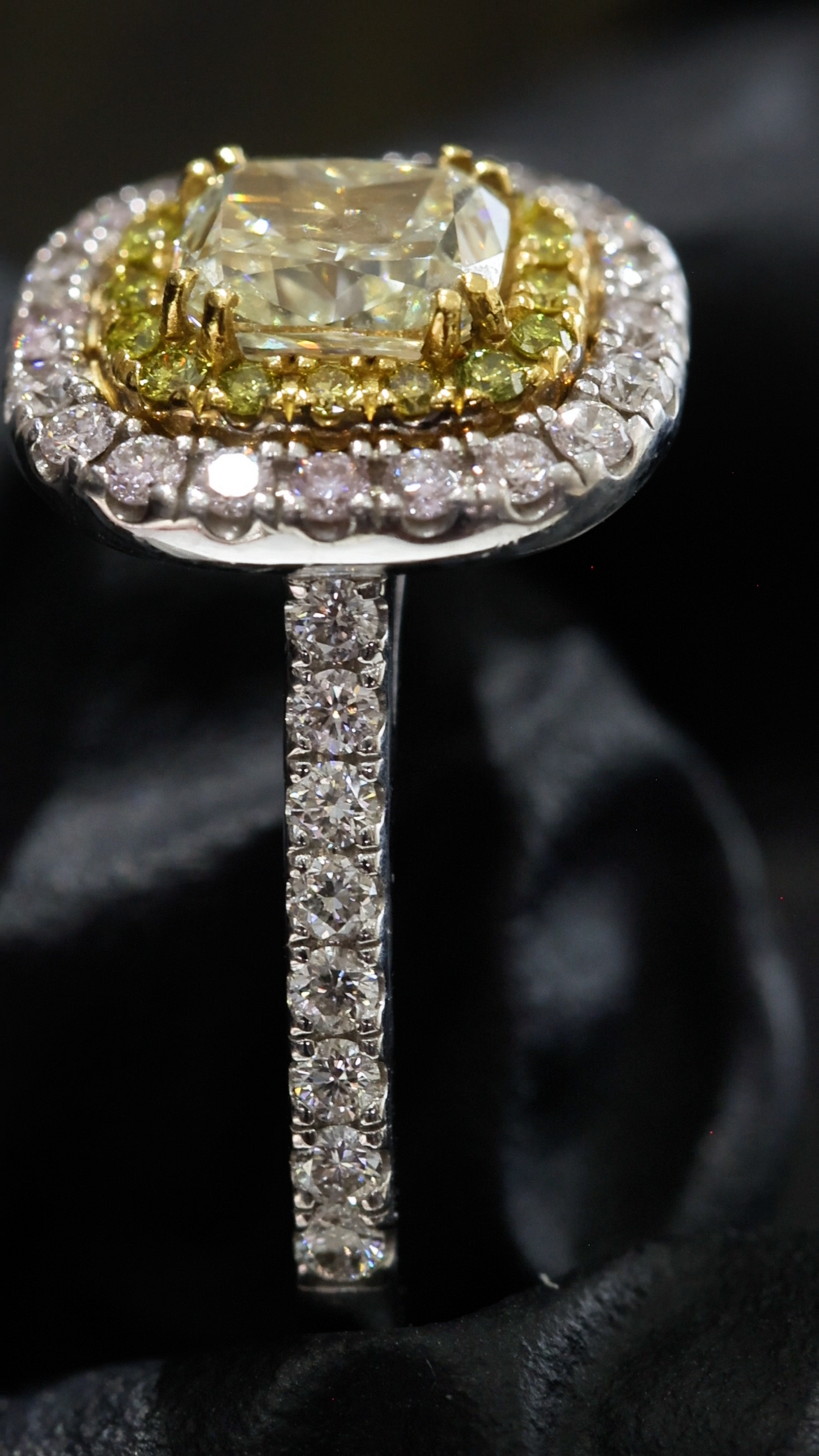 GIA Certified Natural Diamond Double Halo Engagement Ring with Yellow Diamond Accent in White Gold | Luxury Cushion Halo Design
