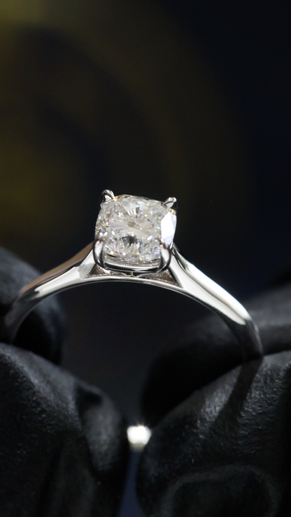 GIA Certified Natural Diamond Solitaire Engagement Ring in White Gold | Classic Cushion Cut Design