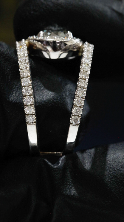GIA Certified Natural Diamond Round Halo Engagement Ring with Split Pavé Band in White Gold