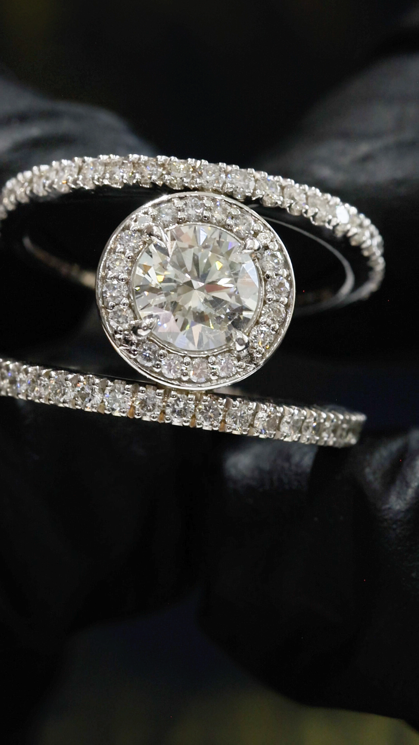 GIA Certified Natural Diamond Round Halo Engagement Ring with Split Pavé Band in White Gold