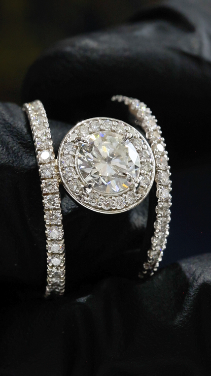 GIA Certified Natural Diamond Round Halo Engagement Ring with Split Pavé Band in White Gold