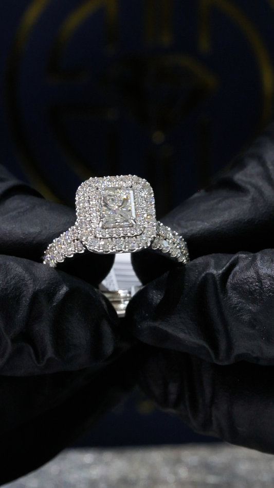 GIA Certified Natural Princess Cut Diamond Engagement Ring with Double Halo & Split Pavé Band in White Gold