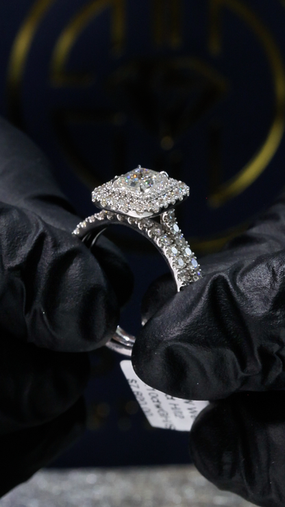 GIA Certified Natural Princess Cut Diamond Engagement Ring with Double Halo & Split Pavé Band in White Gold