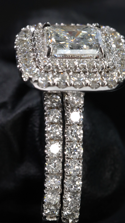 GIA Certified Natural Princess Cut Diamond Engagement Ring with Double Halo & Split Pavé Band in White Gold