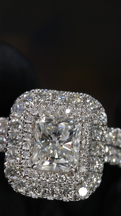 GIA Certified Natural Princess Cut Diamond Engagement Ring with Double Halo & Split Pavé Band in White Gold