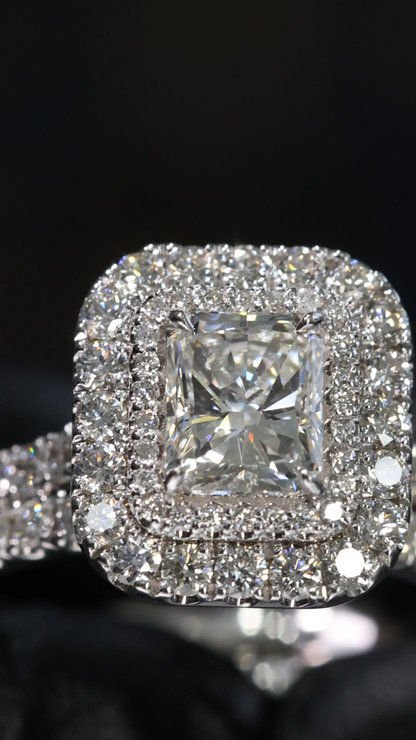 GIA Certified Natural Princess Cut Diamond Engagement Ring with Double Halo & Split Pavé Band in White Gold