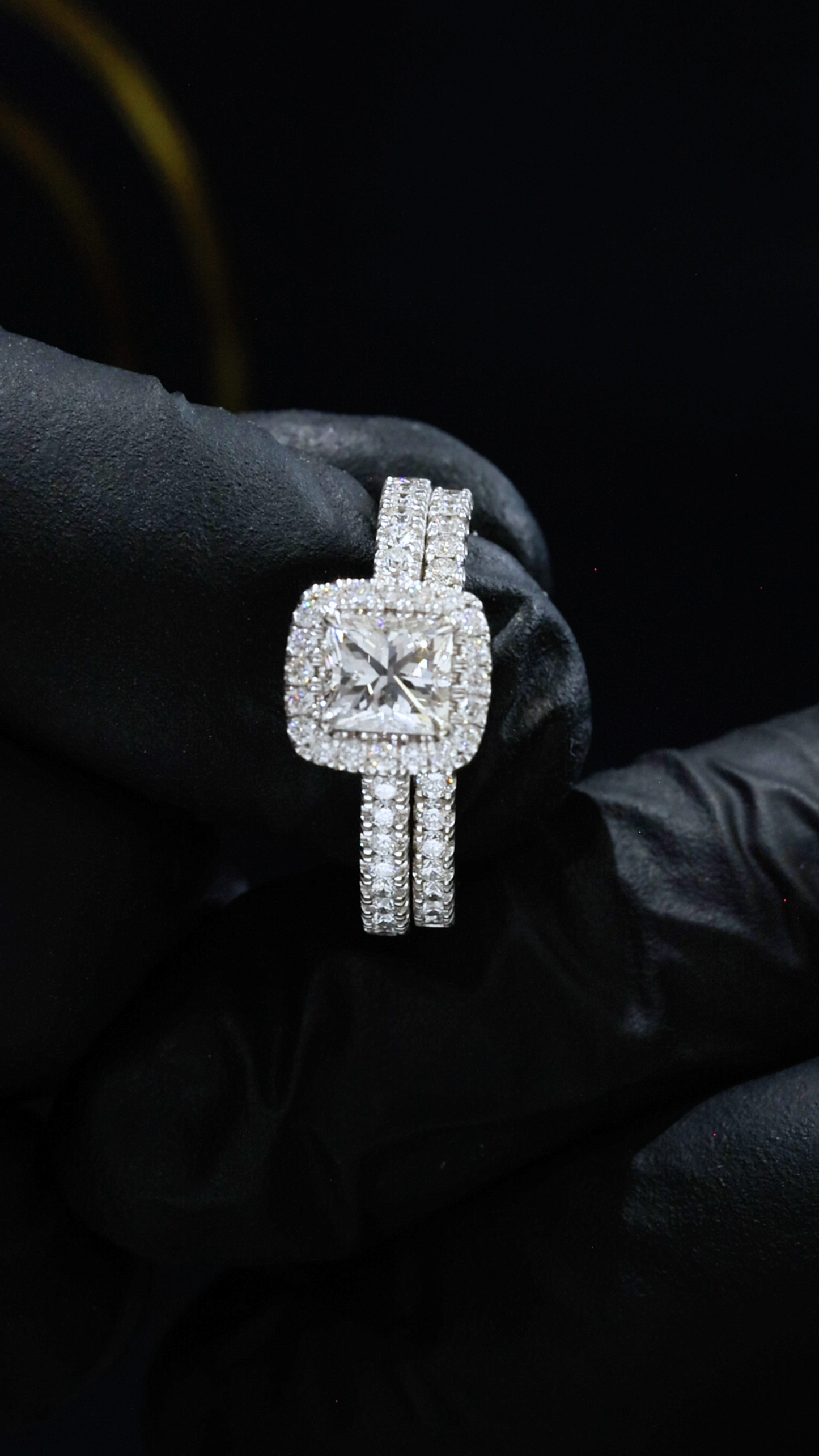 GIA Certified Natural Princess Cut Diamond Halo Engagement Ring with Pavé Band in White Gold | Classic Halo Design