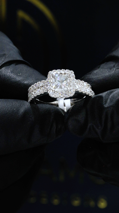 GIA Certified Natural Princess Cut Diamond Halo Engagement Ring with Pavé Band in White Gold | Classic Halo Design