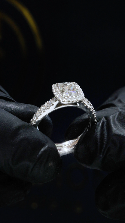 GIA Certified Natural Princess Cut Diamond Halo Engagement Ring with Pavé Band in White Gold | Classic Halo Design