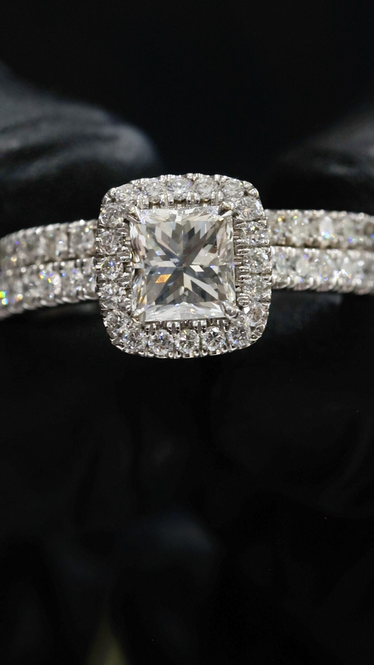 GIA Certified Natural Princess Cut Diamond Halo Engagement Ring with Pavé Band in White Gold | Classic Halo Design
