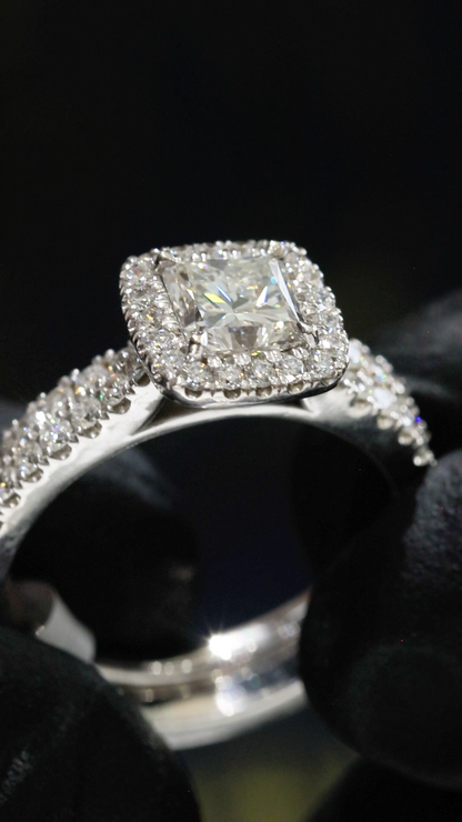 GIA Certified Natural Princess Cut Diamond Halo Engagement Ring with Pavé Band in White Gold | Classic Halo Design