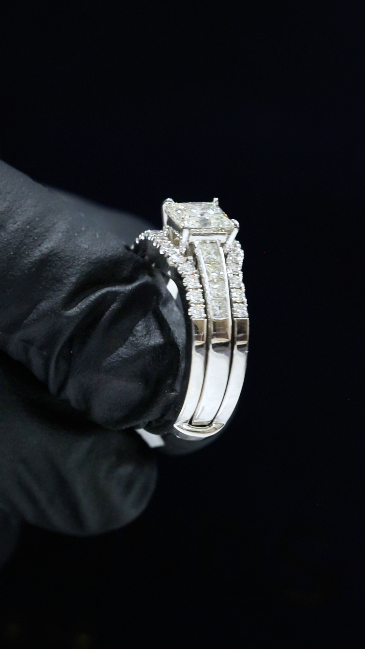 GIA Certified Natural Princess Cut Diamond Engagement Ring with Double Pavé Band in White Gold | Elegant Split Shank Design