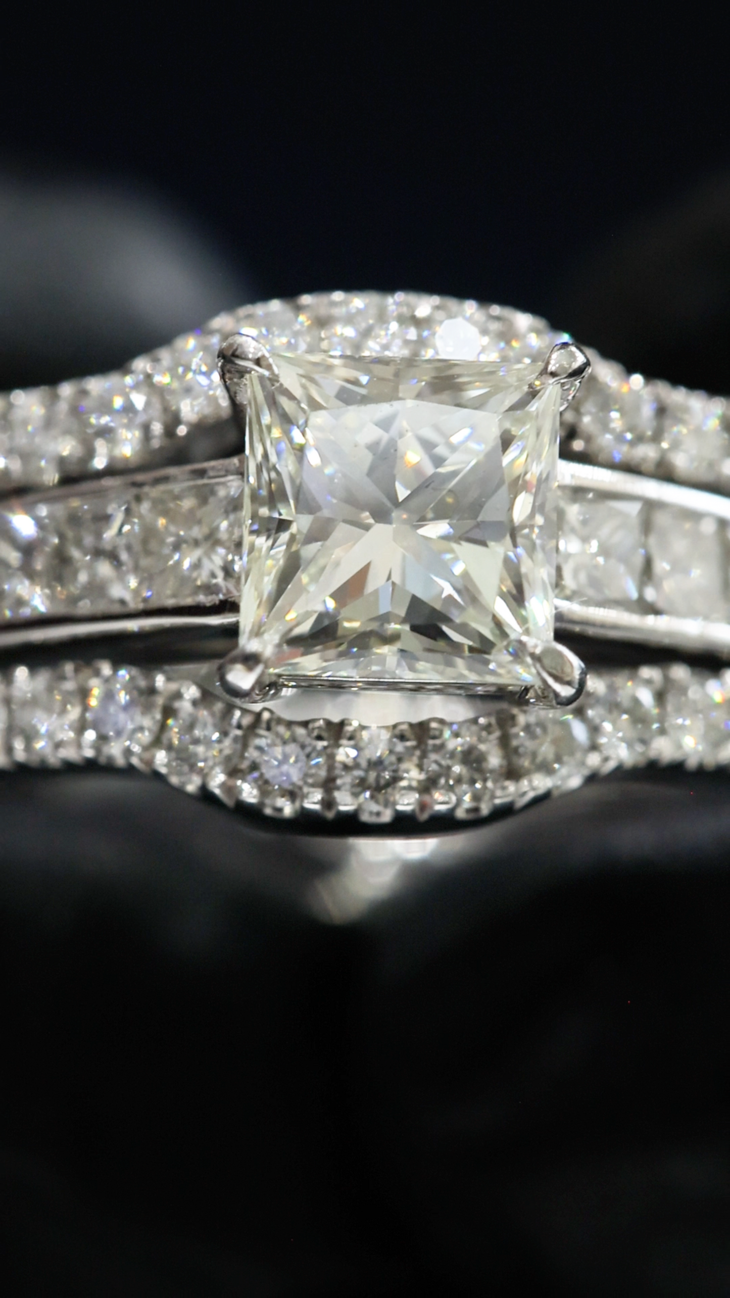 GIA Certified Natural Princess Cut Diamond Engagement Ring with Double Pavé Band in White Gold | Elegant Split Shank Design
