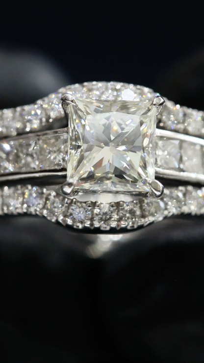 GIA Certified Natural Princess Cut Diamond Engagement Ring with Double Pavé Band in White Gold | Elegant Split Shank Design