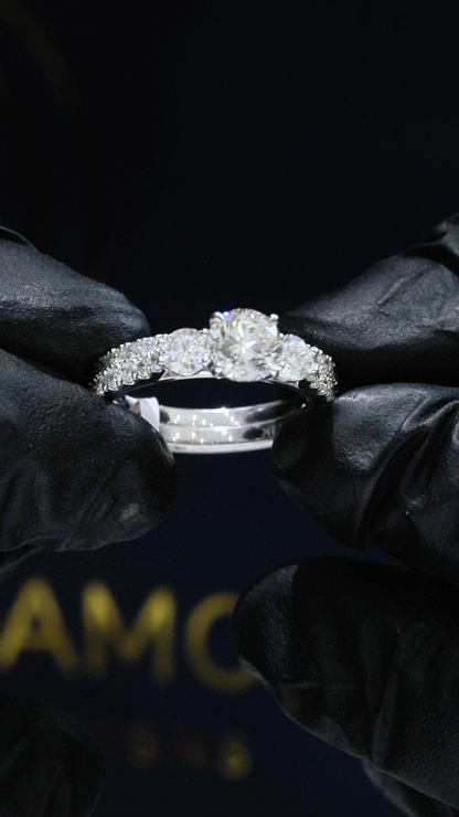 GIA Certified Natural Round Diamond Engagement Ring with Double Pavé Band in White Gold | Classic Split Band Design