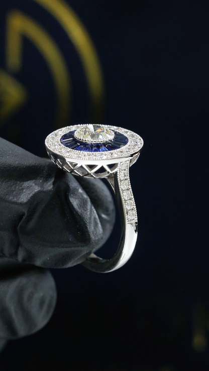 GIA Certified Natural Round Diamond Engagement Ring with Sapphire Halo in White Gold | Vintage Halo Design