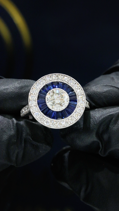 GIA Certified Natural Round Diamond Engagement Ring with Sapphire Halo in White Gold | Vintage Halo Design