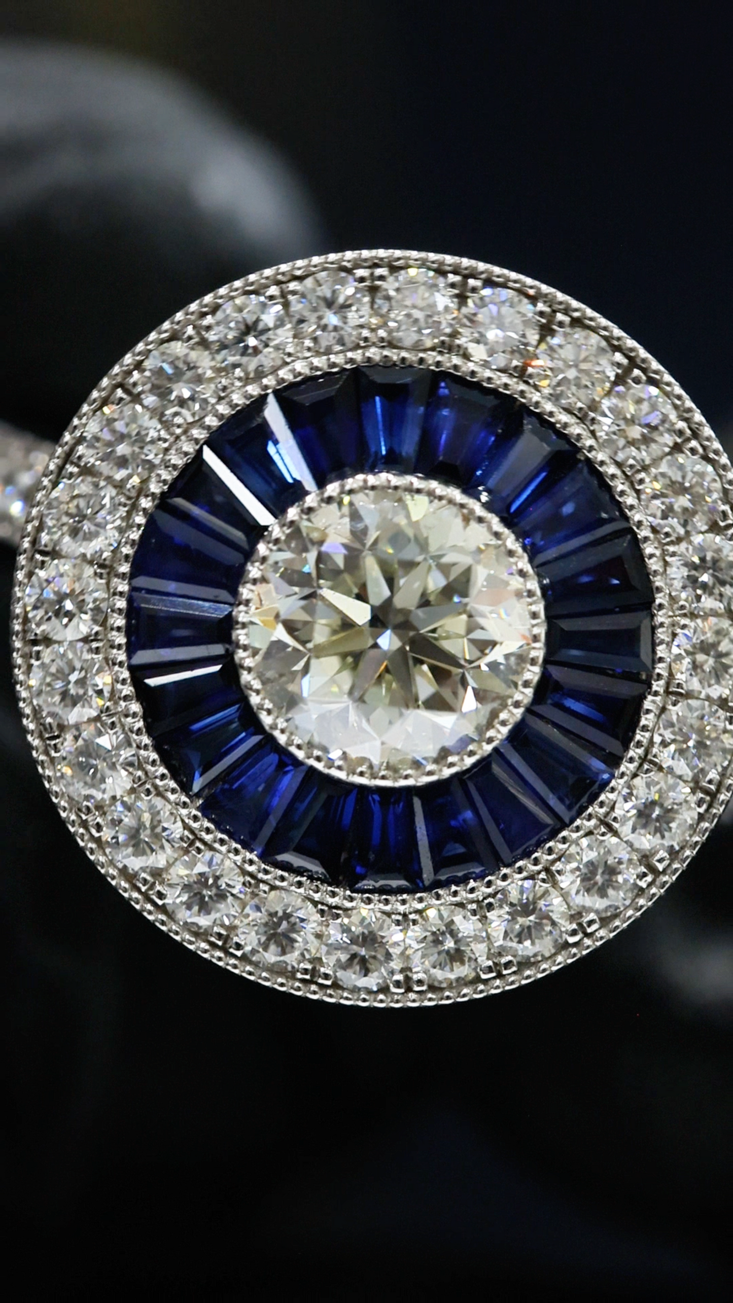 GIA Certified Natural Round Diamond Engagement Ring with Sapphire Halo in White Gold | Vintage Halo Design