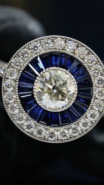 GIA Certified Natural Round Diamond Engagement Ring with Sapphire Halo in White Gold | Vintage Halo Design