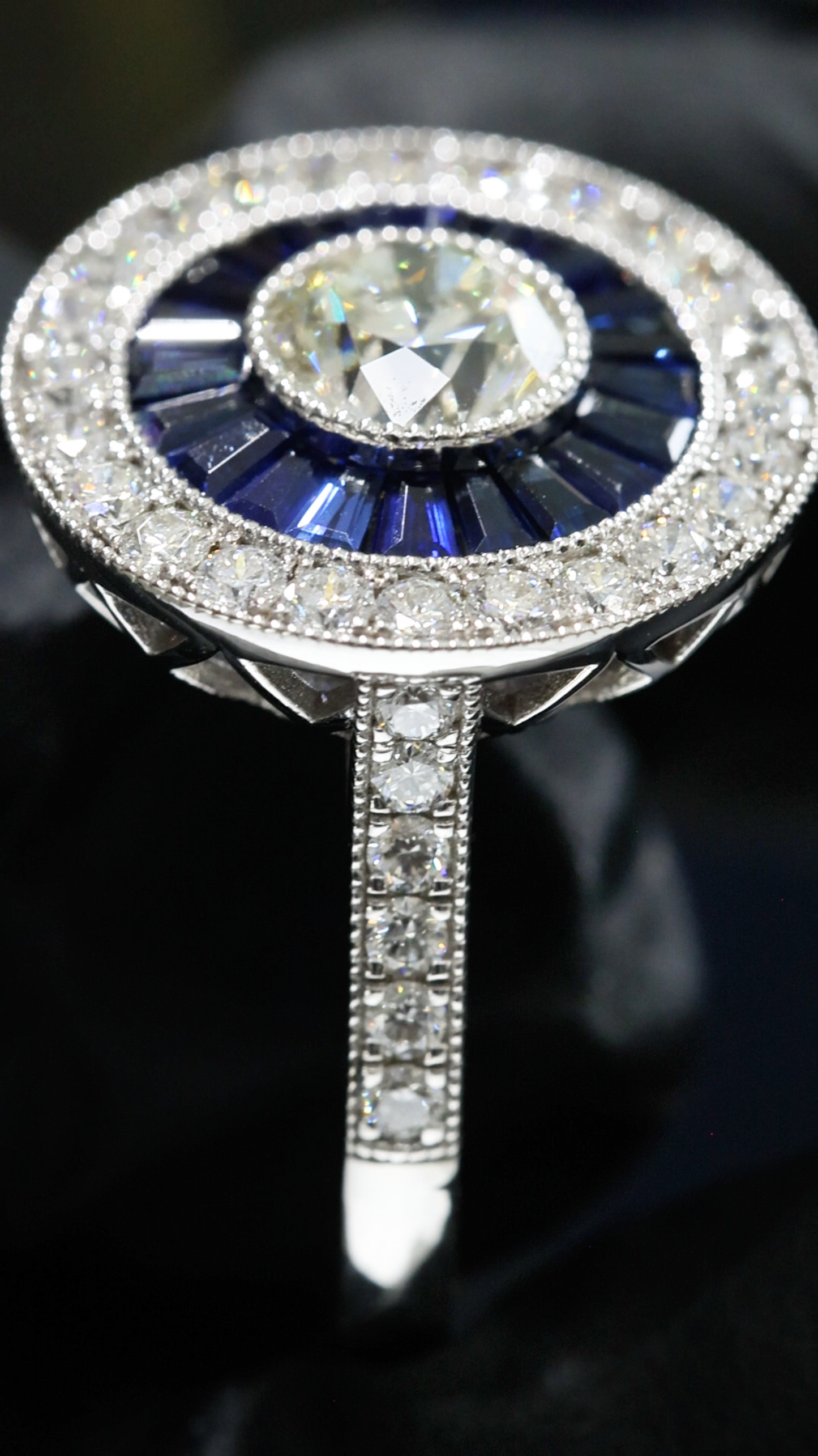 GIA Certified Natural Round Diamond Engagement Ring with Sapphire Halo in White Gold | Vintage Halo Design