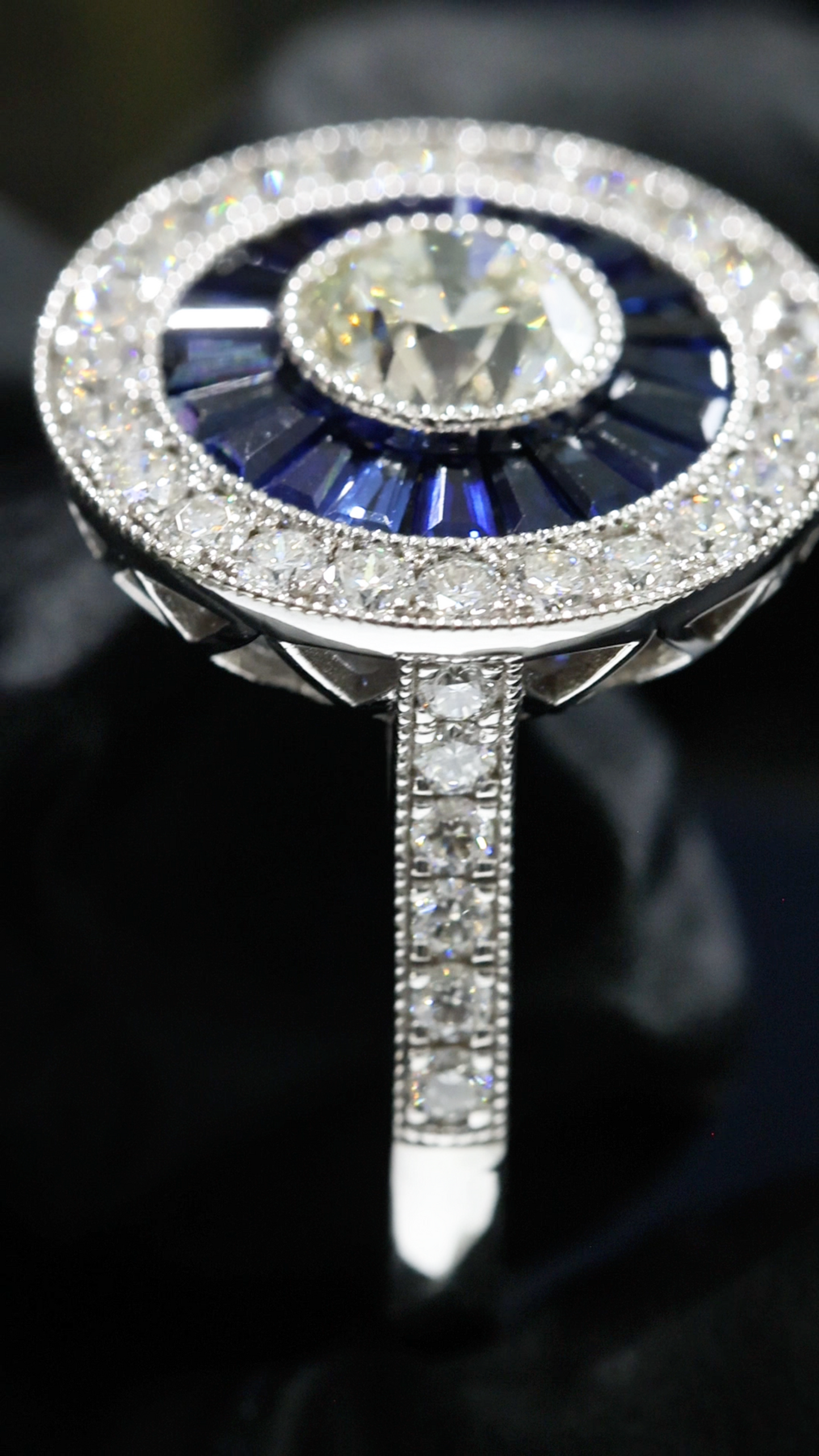 GIA Certified Natural Round Diamond Engagement Ring with Sapphire Halo in White Gold | Vintage Halo Design