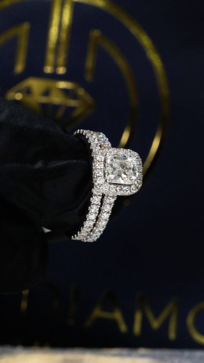 Natural Princess-Cut Diamond Halo Engagement Ring in White Gold | Timeless Double-Halo Elegance