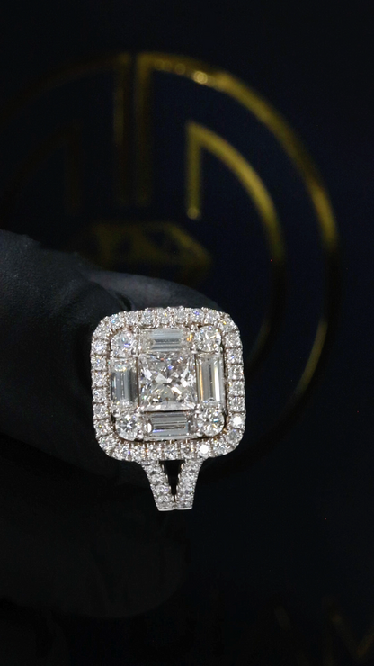Emerald-Cut Diamond Halo Engagement Ring in White Gold | Double Halo Pavé Statement Design