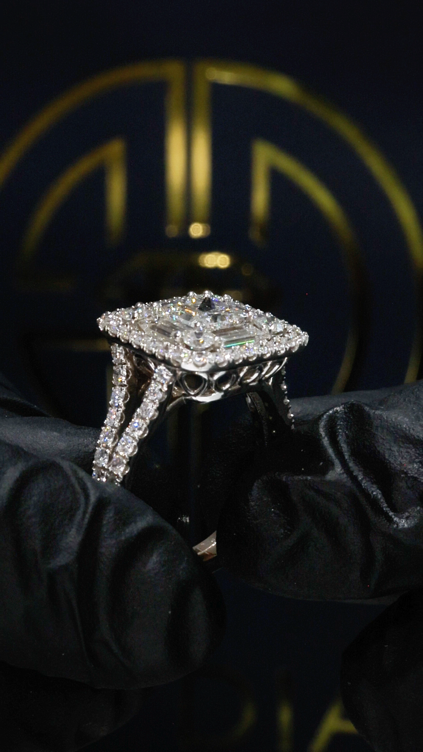Emerald-Cut Diamond Halo Engagement Ring in White Gold | Double Halo Pavé Statement Design