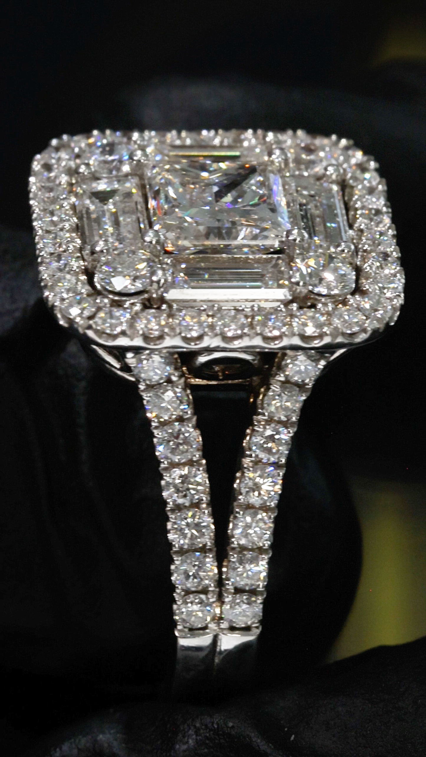 Emerald-Cut Diamond Halo Engagement Ring in White Gold | Double Halo Pavé Statement Design