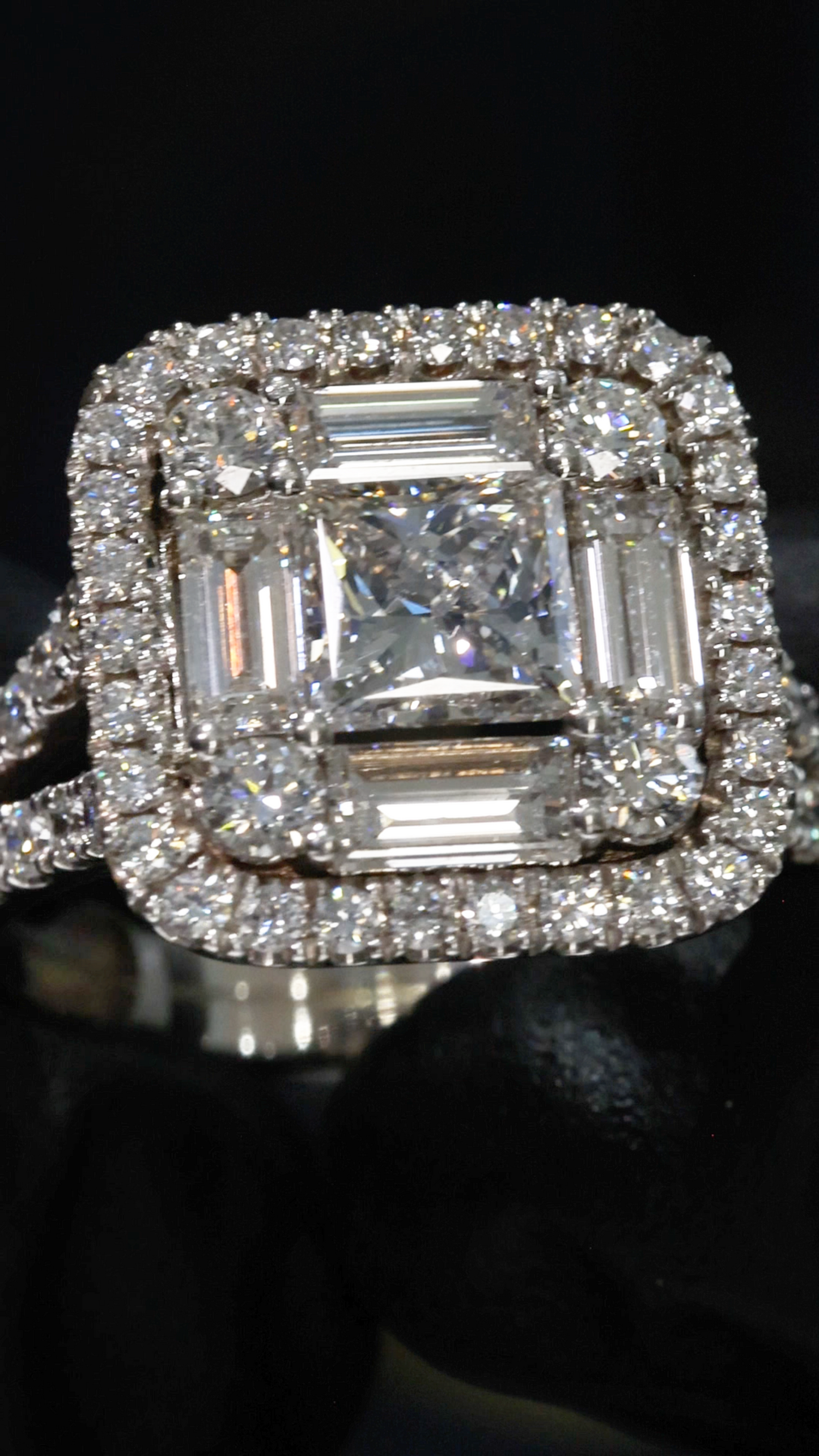 Emerald-Cut Diamond Halo Engagement Ring in White Gold | Double Halo Pavé Statement Design