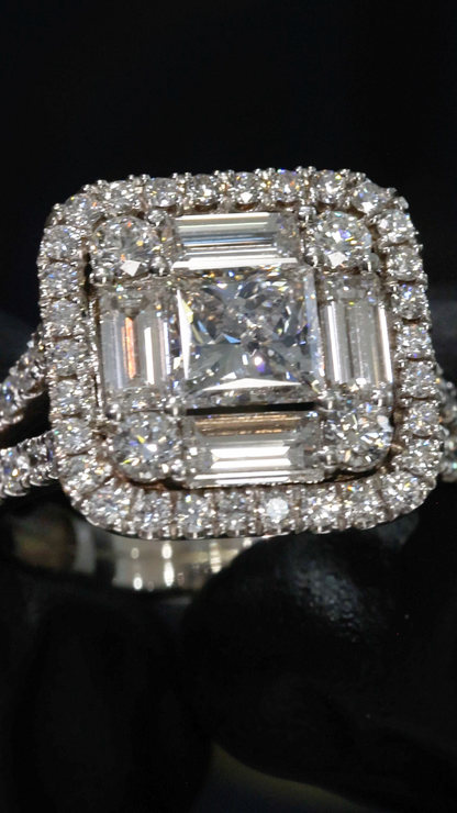 Emerald-Cut Diamond Halo Engagement Ring in White Gold | Double Halo Pavé Statement Design