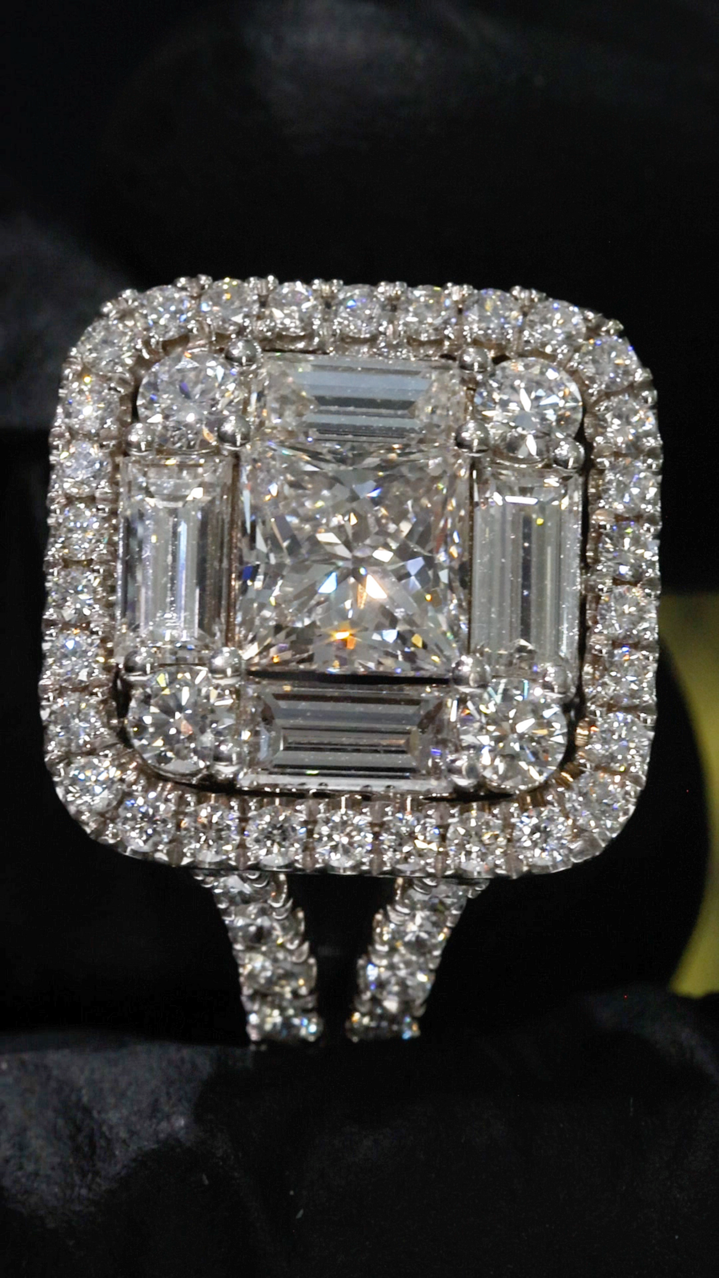 Emerald-Cut Diamond Halo Engagement Ring in White Gold | Double Halo Pavé Statement Design