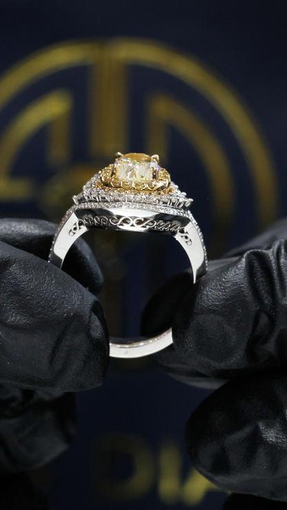GIA Certified Natural Yellow Diamond Halo Engagement Ring in White Gold | Double Halo Luxury Design