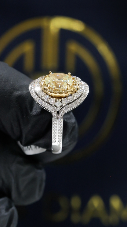 GIA Certified Natural Yellow Diamond Halo Engagement Ring in White Gold | Double Halo Luxury Design