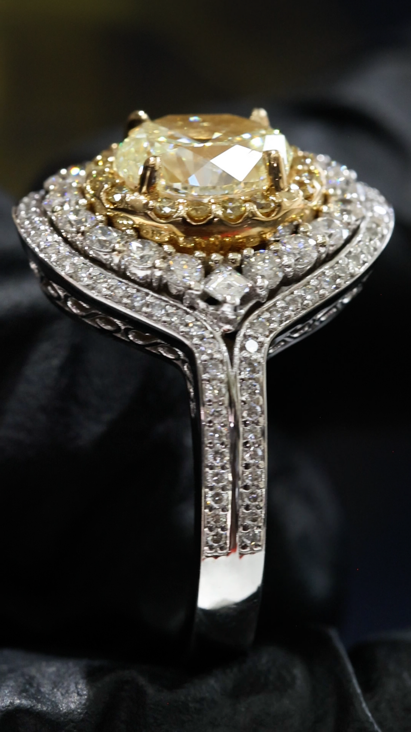GIA Certified Natural Yellow Diamond Halo Engagement Ring in White Gold | Double Halo Luxury Design