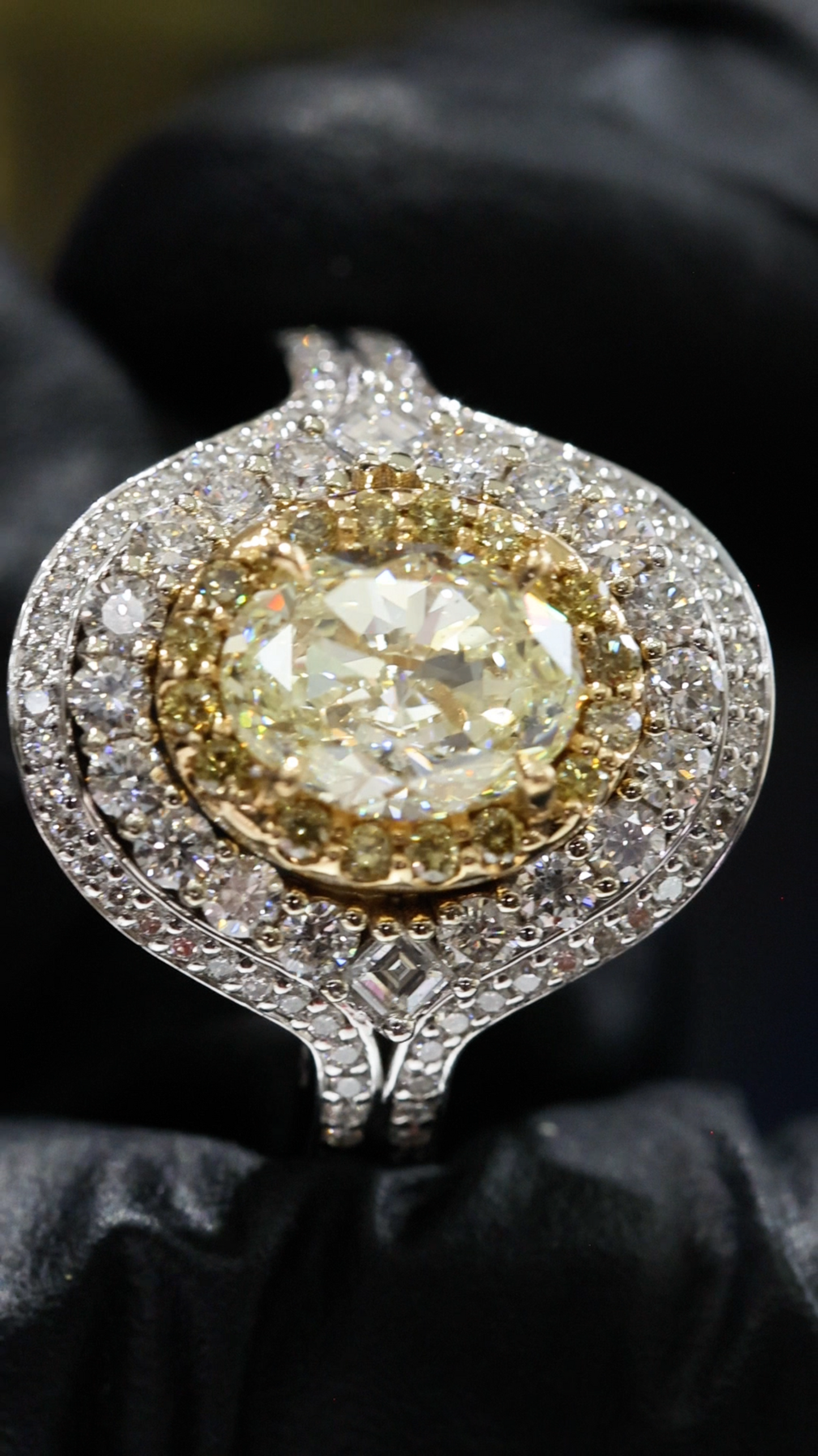 GIA Certified Natural Yellow Diamond Halo Engagement Ring in White Gold | Double Halo Luxury Design