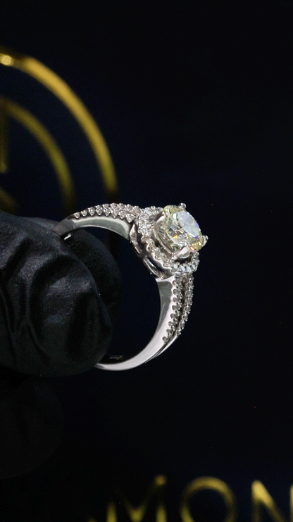 Round Halo Diamond Engagement Ring with Split Shank in White Gold | Timeless Bridal Elegance