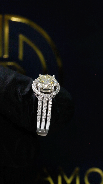 Round Halo Diamond Engagement Ring with Split Shank in White Gold | Timeless Bridal Elegance