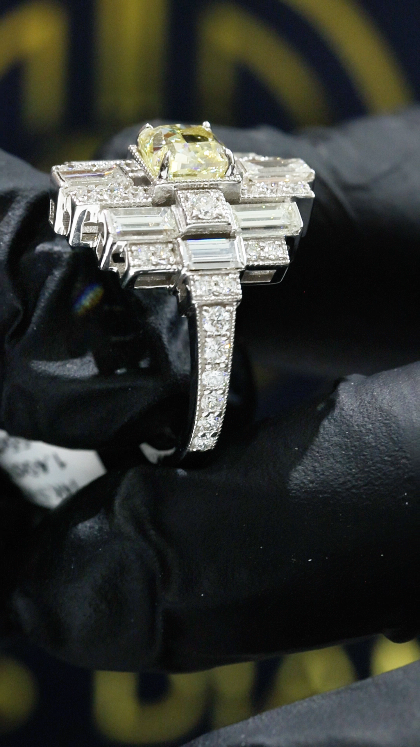 GIA Certified Natural Fancy Yellow Cushion Diamond Engagement Ring with Baguette Halo in White Gold | Art Deco Statement Design