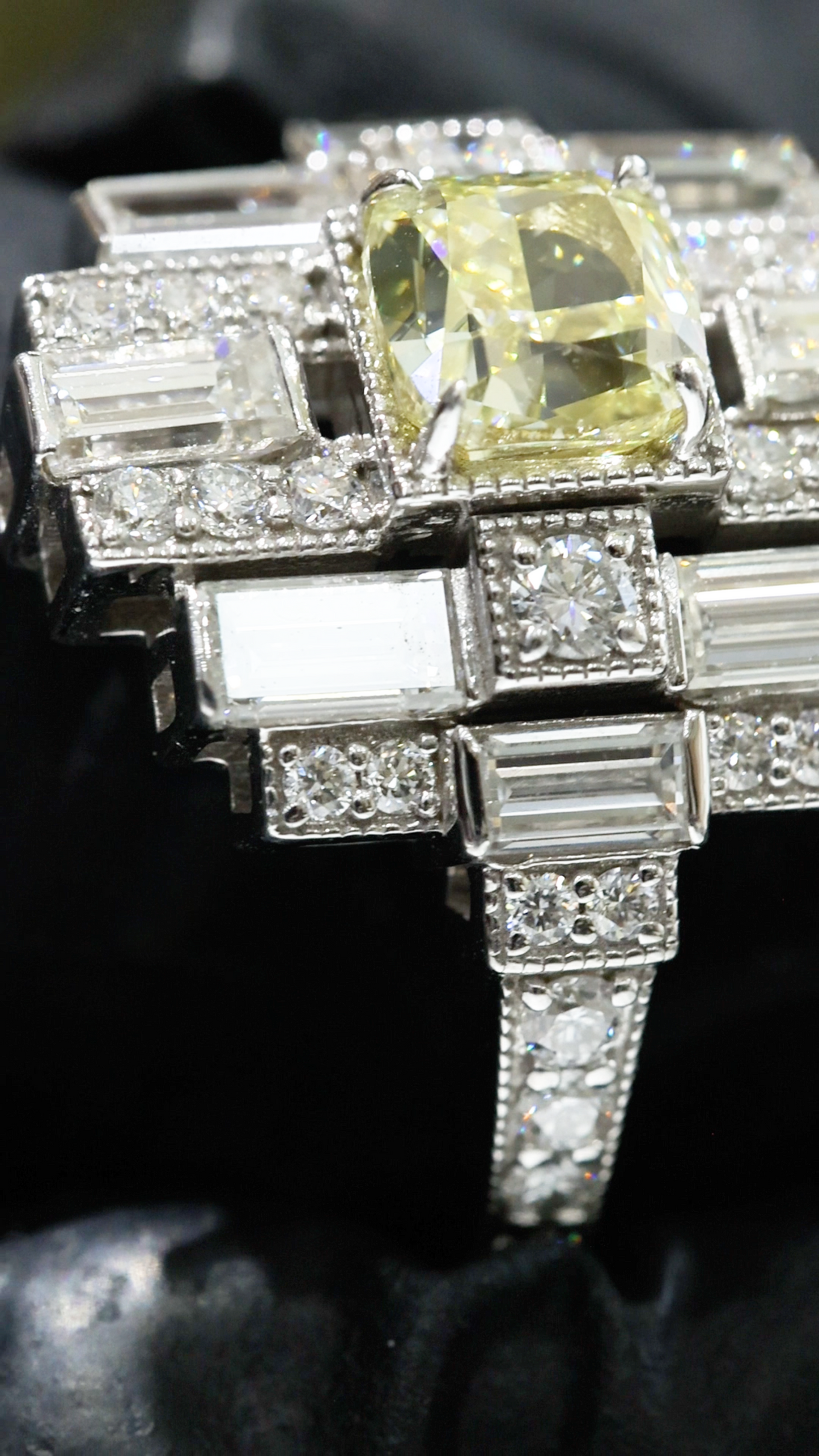 GIA Certified Natural Fancy Yellow Cushion Diamond Engagement Ring with Baguette Halo in White Gold | Art Deco Statement Design