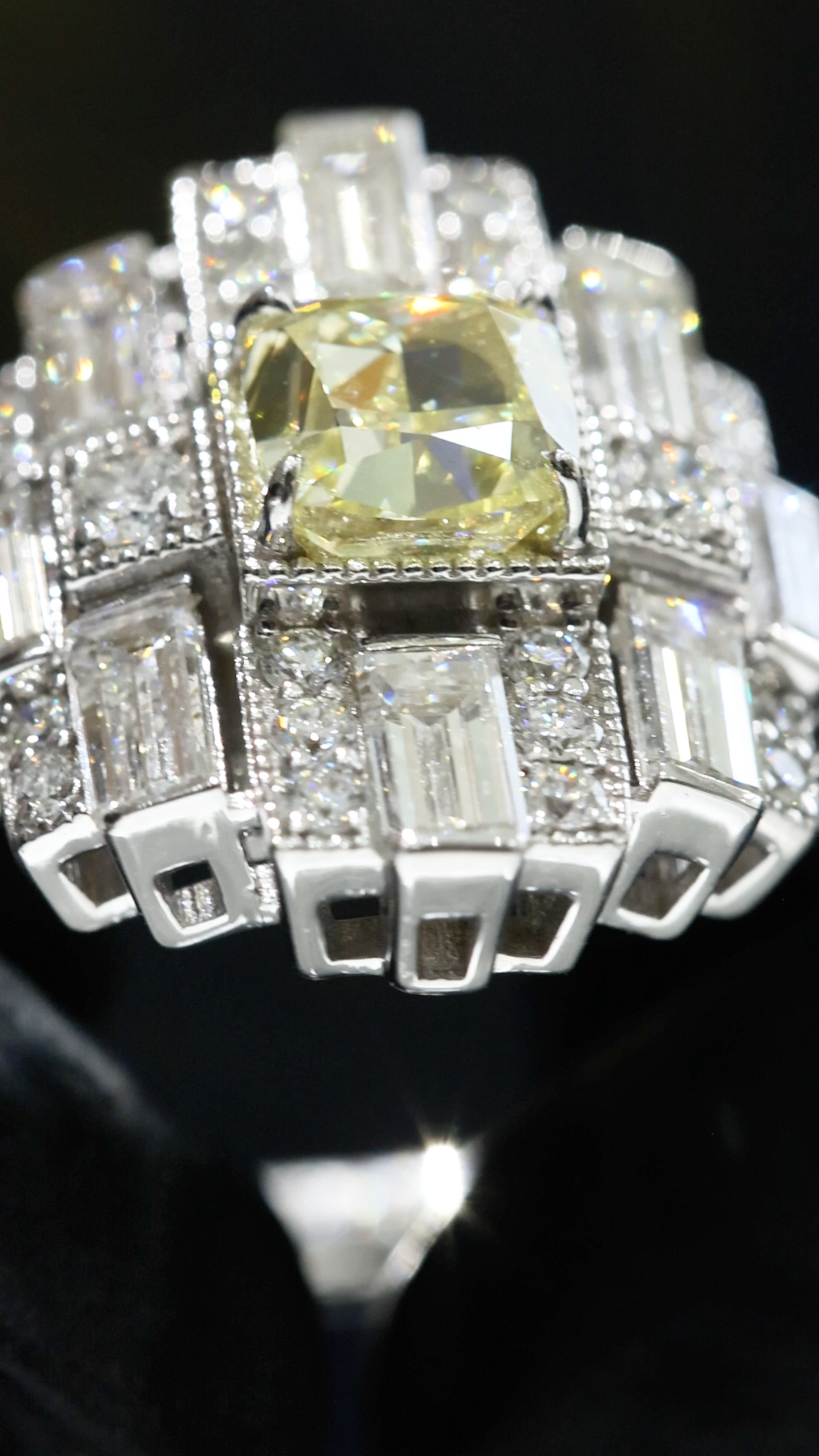 GIA Certified Natural Fancy Yellow Cushion Diamond Engagement Ring with Baguette Halo in White Gold | Art Deco Statement Design