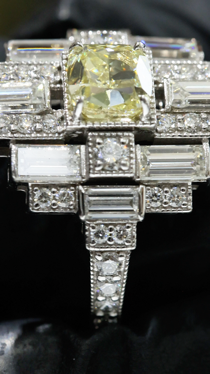 GIA Certified Natural Fancy Yellow Cushion Diamond Engagement Ring with Baguette Halo in White Gold | Art Deco Statement Design