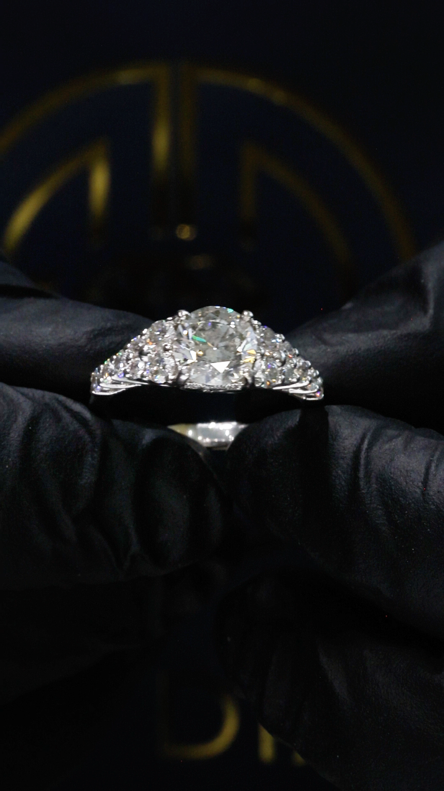 GIA Certified Natural Round Brilliant Diamond Engagement Ring with Pavé Cathedral Band in White Gold | Vintage Leaf Gallery Design